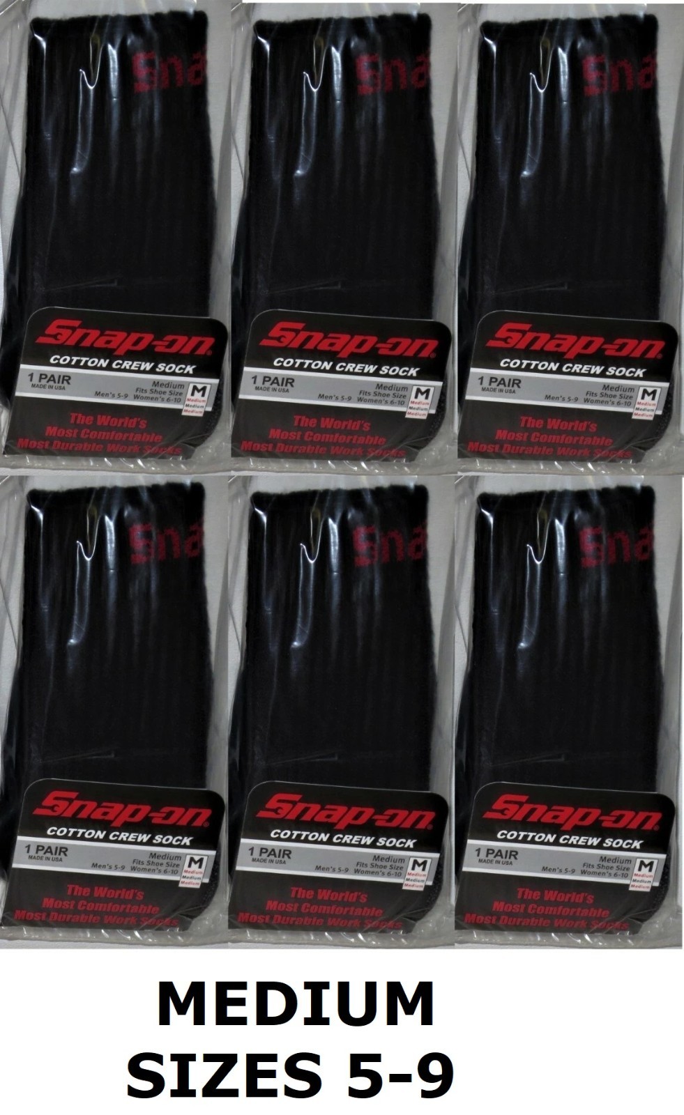 6 PAIRS Men's BLACK Snap-On Crew Socks MEDIUM *FREE SHIPPING ~ MADE IN USA *NEW*