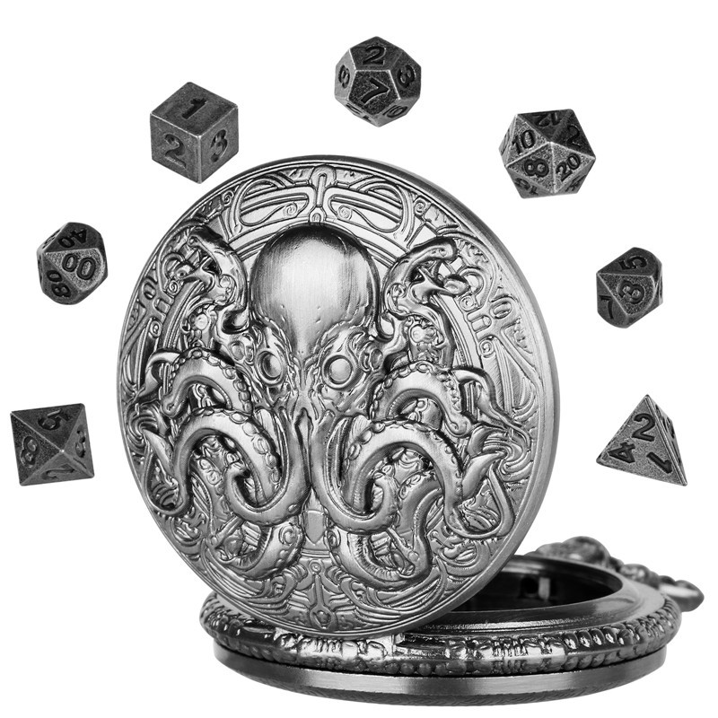 7pcs Solid Metal Polyhedral DND Dice Set in Octopus Pocket Watch Case with Chain