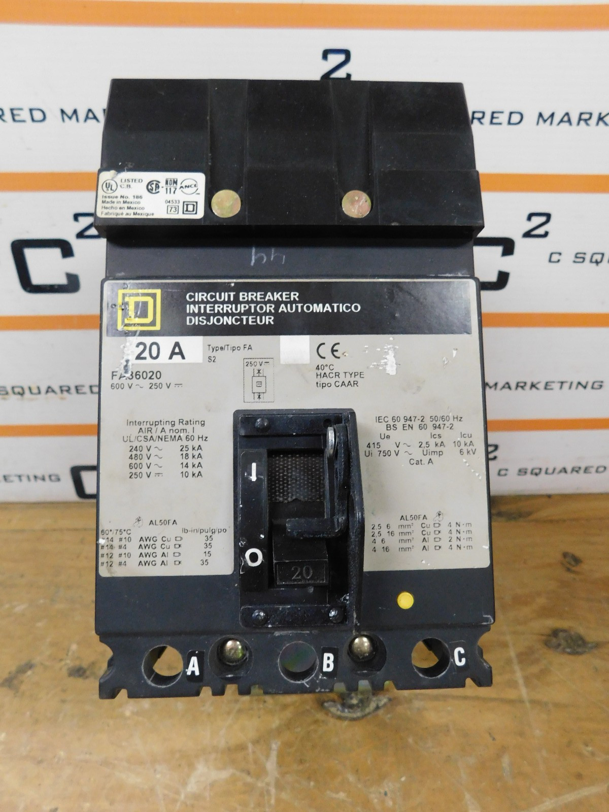 Square D FA36020 20 AMP Type 2  I-Line Circuit Breaker used CSQ