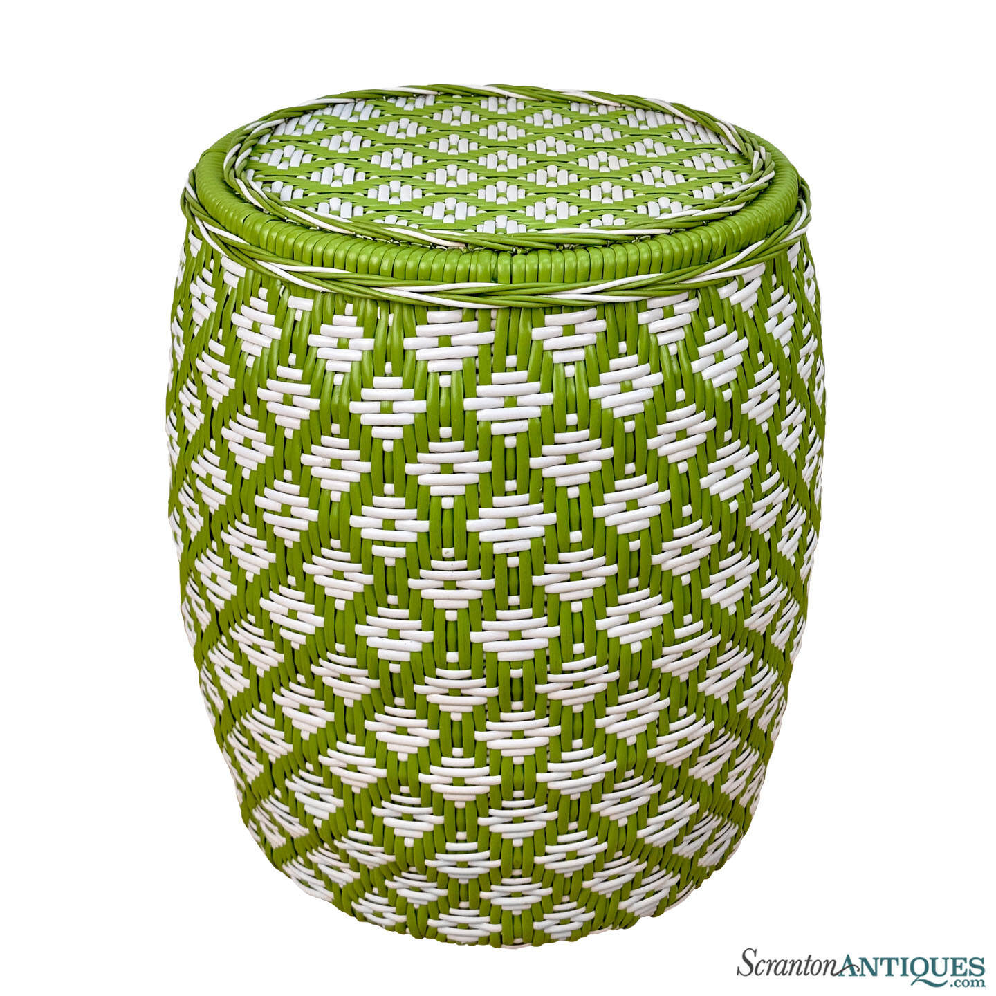 Vintage Boho Avocado Green & White Argyle Faux Wicker Garden Stool