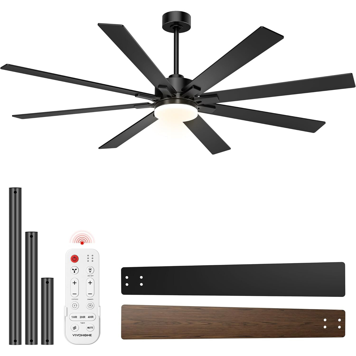 72" Ceiling Fan with Light Remote Quiet DC Motor 6 Speed Large Room Black Timer