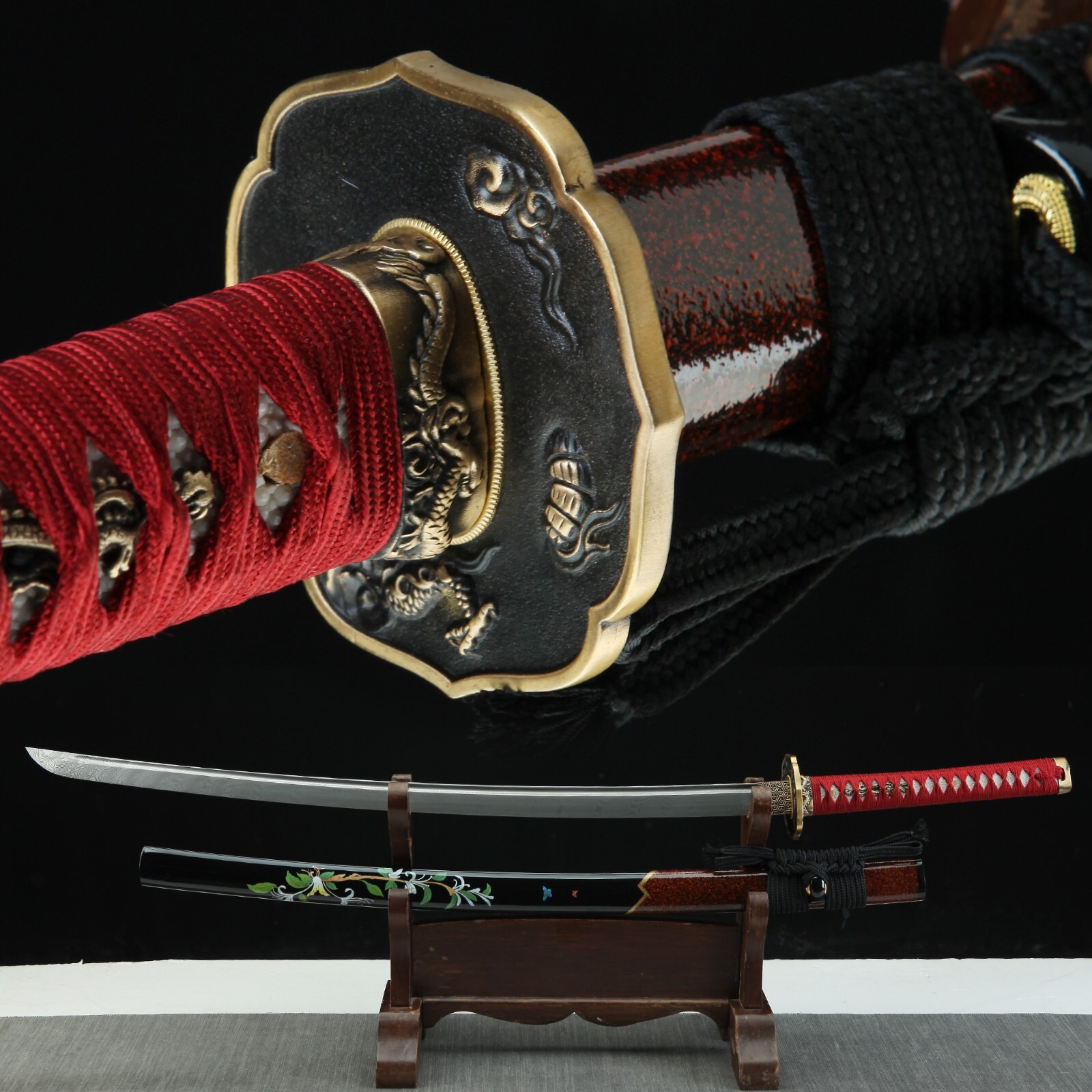 Handmade Katana Japanese Damascus Folded Steel Blade Real Clay Tempered Hamon