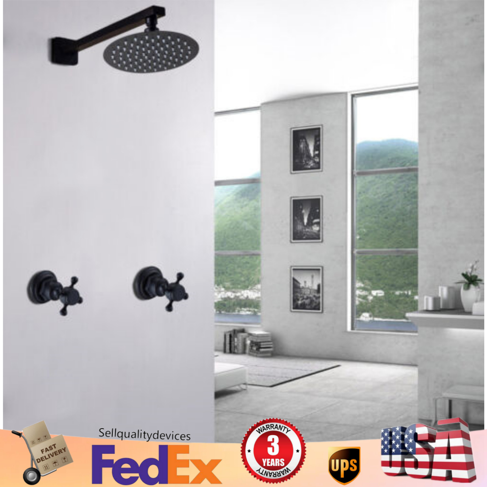 Wall Mount 8" Matte Black Rain Shower Head 2 Handles Cold & Hot Faucet Mixer Tap
