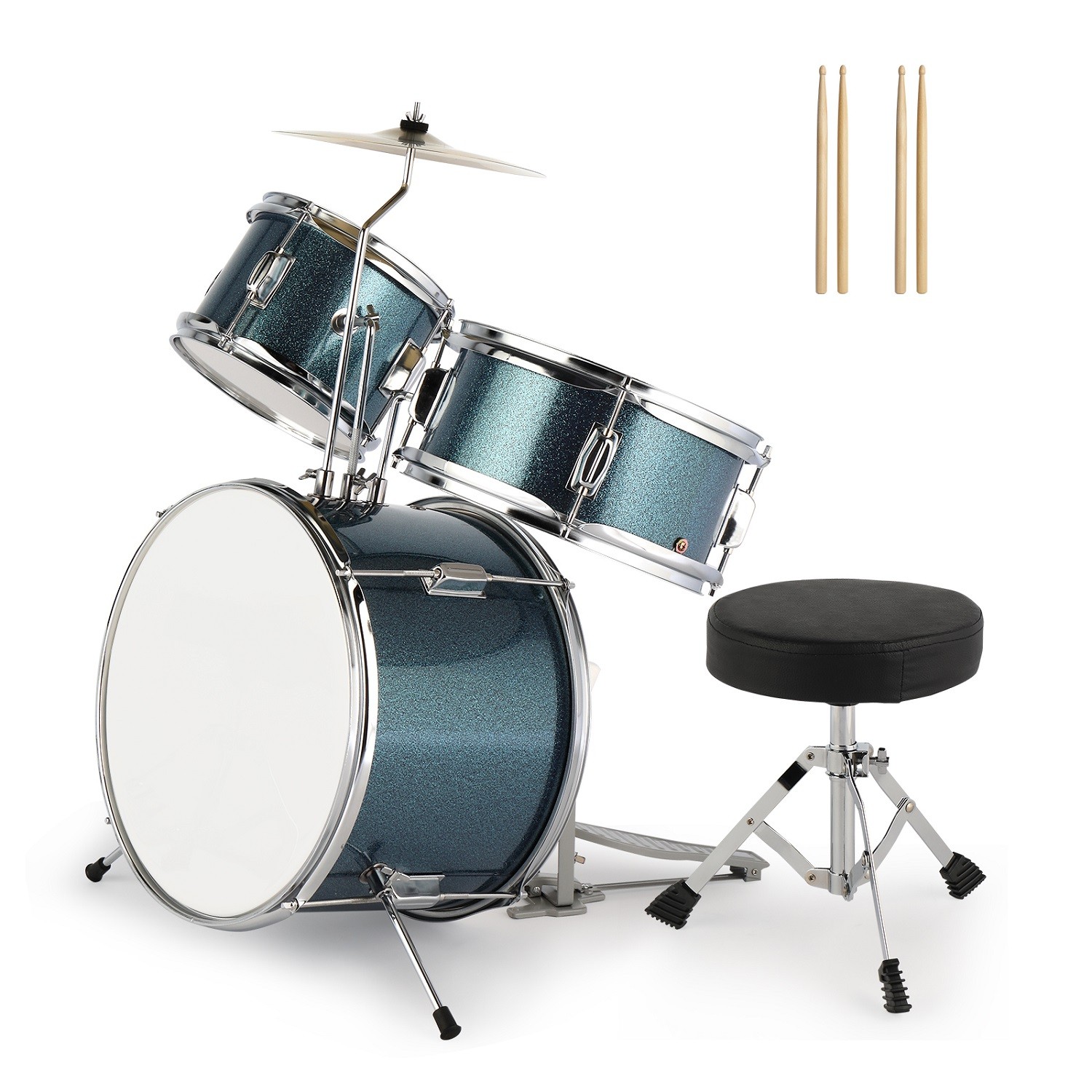 3-Piece Junior Drum Set w/ Throne Blue Complete Beginner Kit w/ Bass Drum Pedal