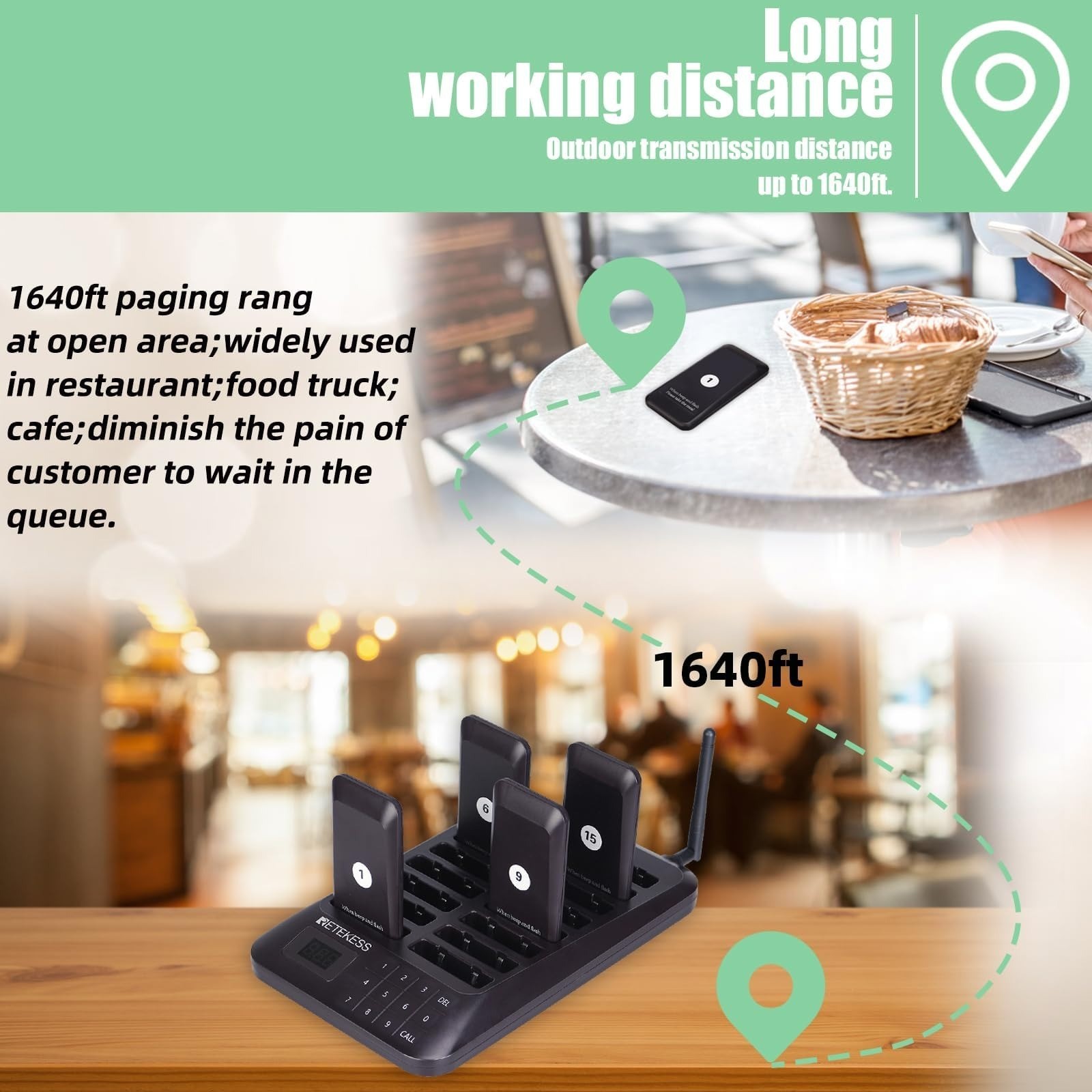 Restaurant Pager System 984ft Long Range Vibration Flashing Buzzer 16 Pagers