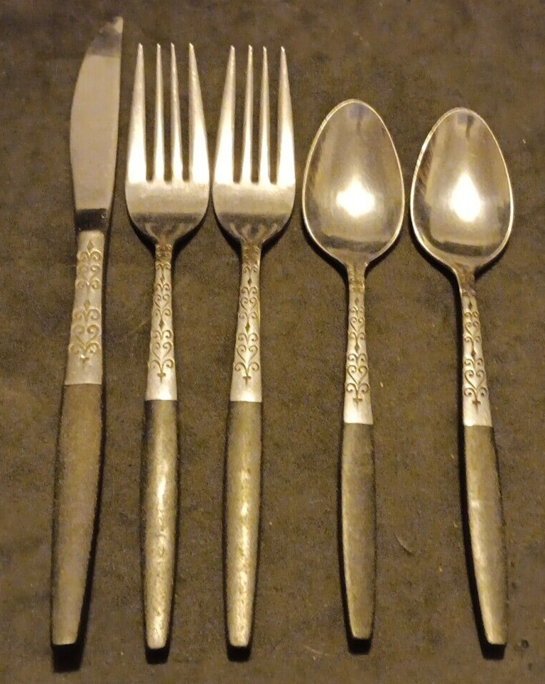 Vtg MCM Lot Of 5 Interpur INR2BL Japan Black Handle Mixed Flatware Piece Lot