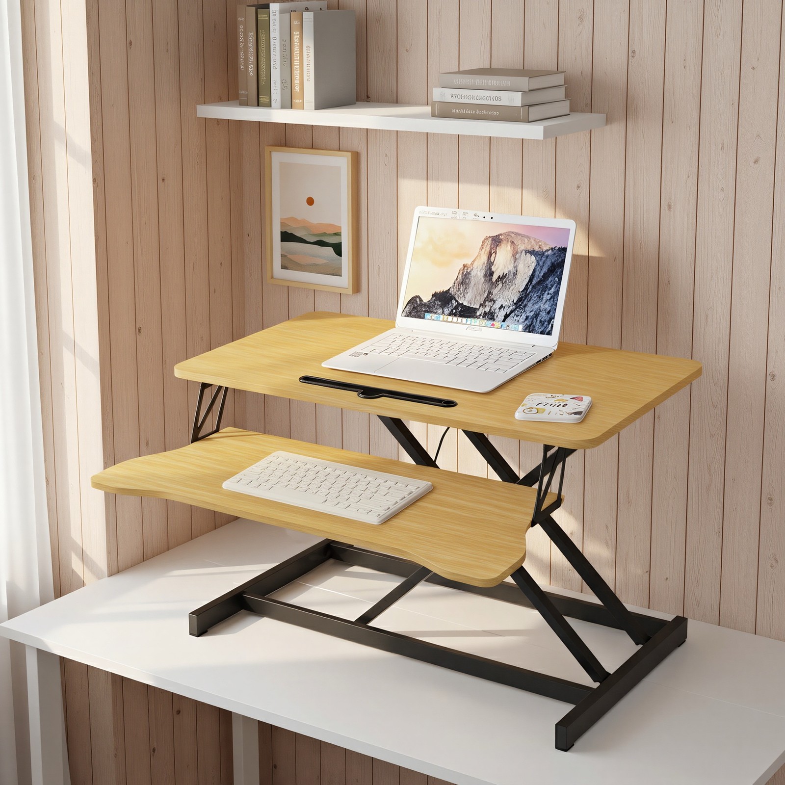 32 Inch Desk Converter,Height Adjustable Computer Desk W/ Keyboard Tray, Natural