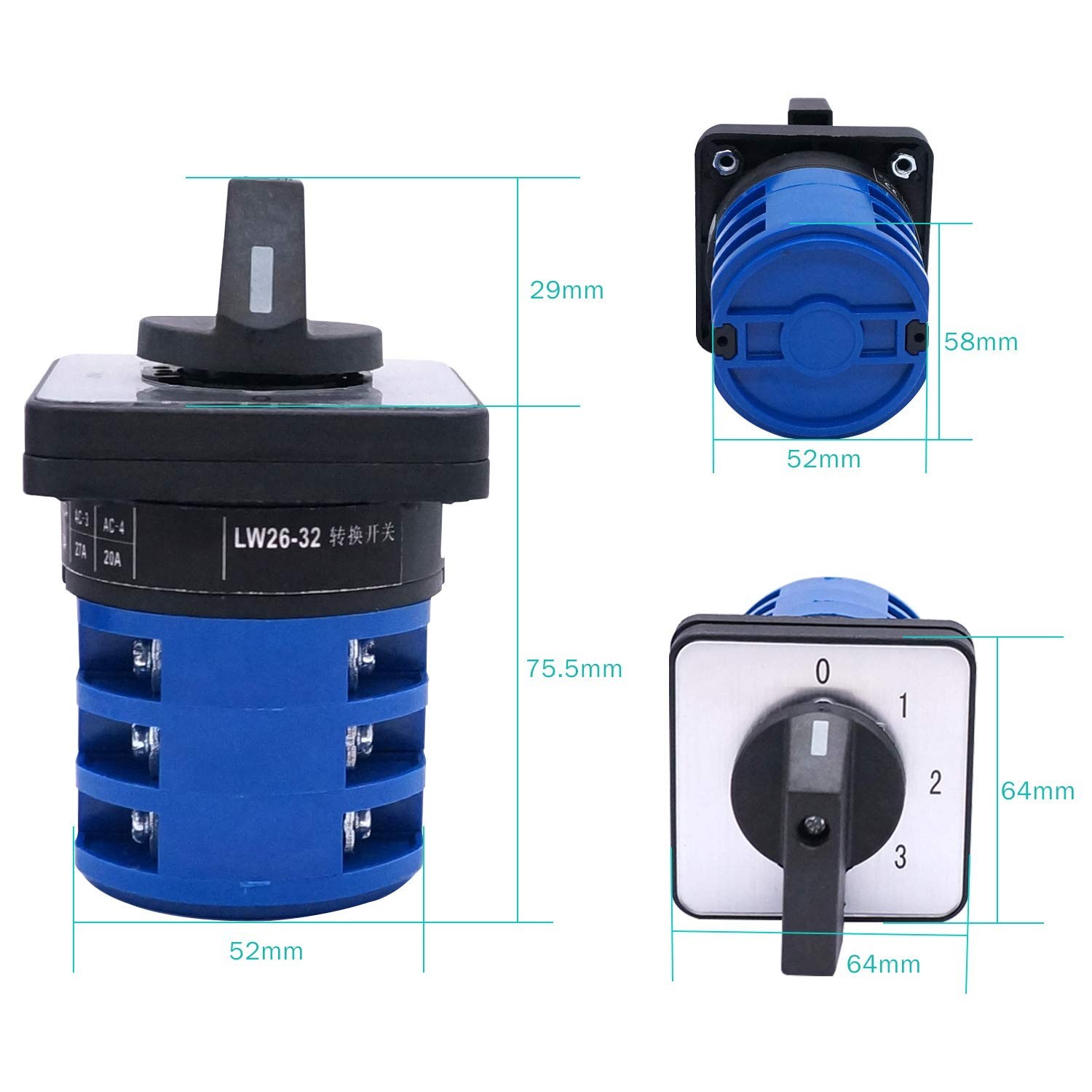 Universal 32A 690V Changeover Switch - 4 Position Latching Rotary Cam Selector +