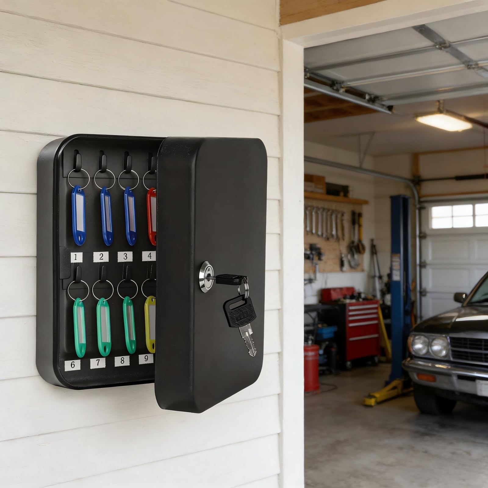 KYODOLED Key Cabinet Wall Mount, Locking Box 20 Key, Black With Lock
