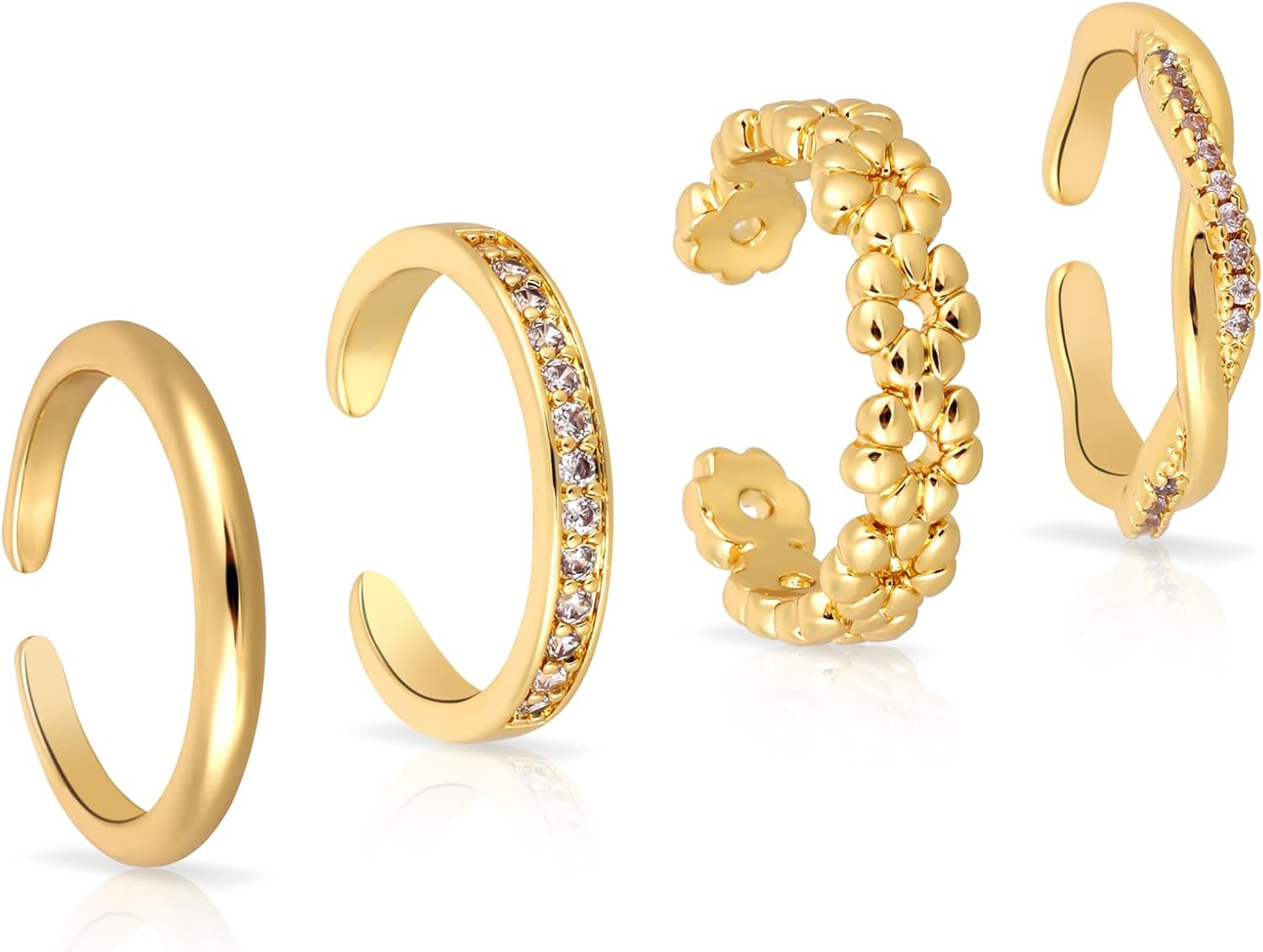 4Pcs Adjustable Toe Rings for Women, 4 Styles Non-Tarnish Diamond Flower Plain O