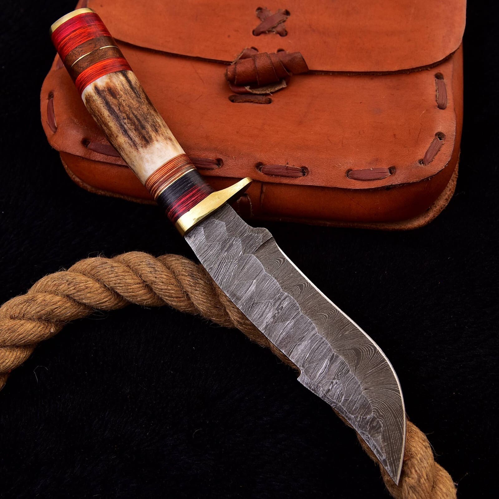 DAMASCUS STEEL HUNTING SKINNING SURVIVAL KNIFE STAG ANTLER HANDLE EDC VINTAGE