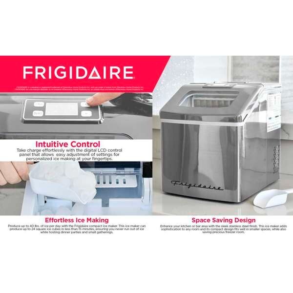 Frigidaire, 40 Lbs. Countertop Ice Maker, Square Clear Shaped Ice, Stainless
