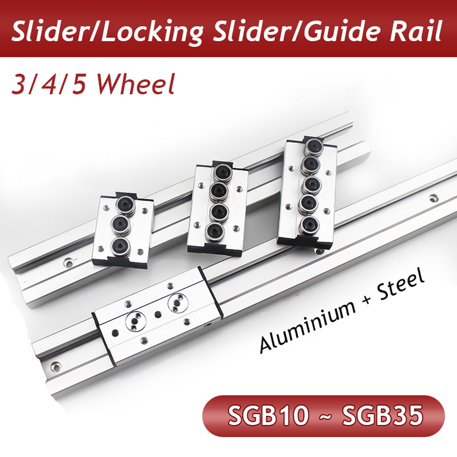 3/4/5 Wheel Built-In Dual-Axis Linear Rail Guide and Lock Sliders SGB10 ~ SGB35
