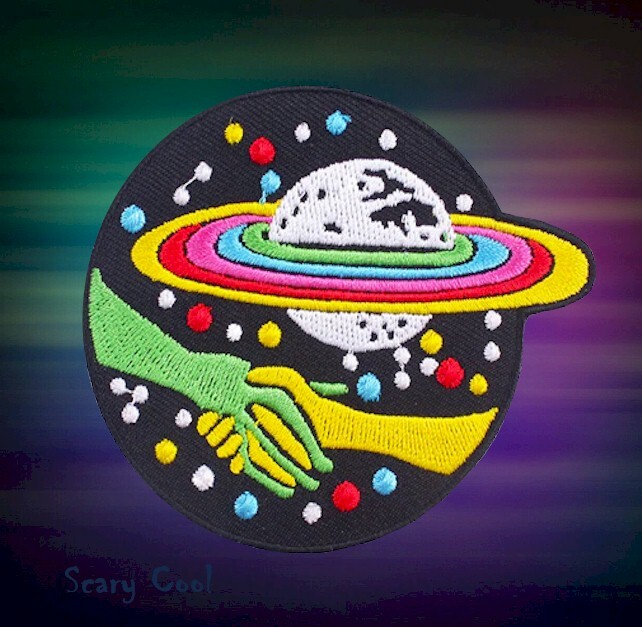 New UFO Alien Human Hand Shake Rainbow Embroidered Patch Iron On Biker Patch