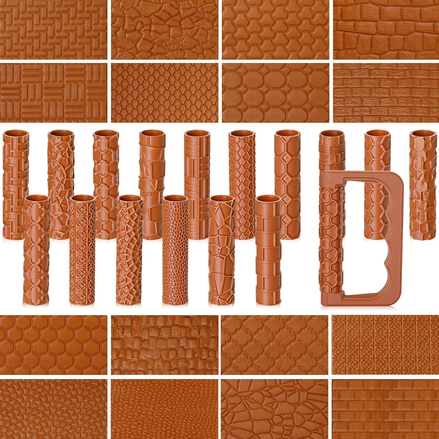 17 Pcs Clay Texture Roller Set with Handle, 8-Pattern 3D-Printed