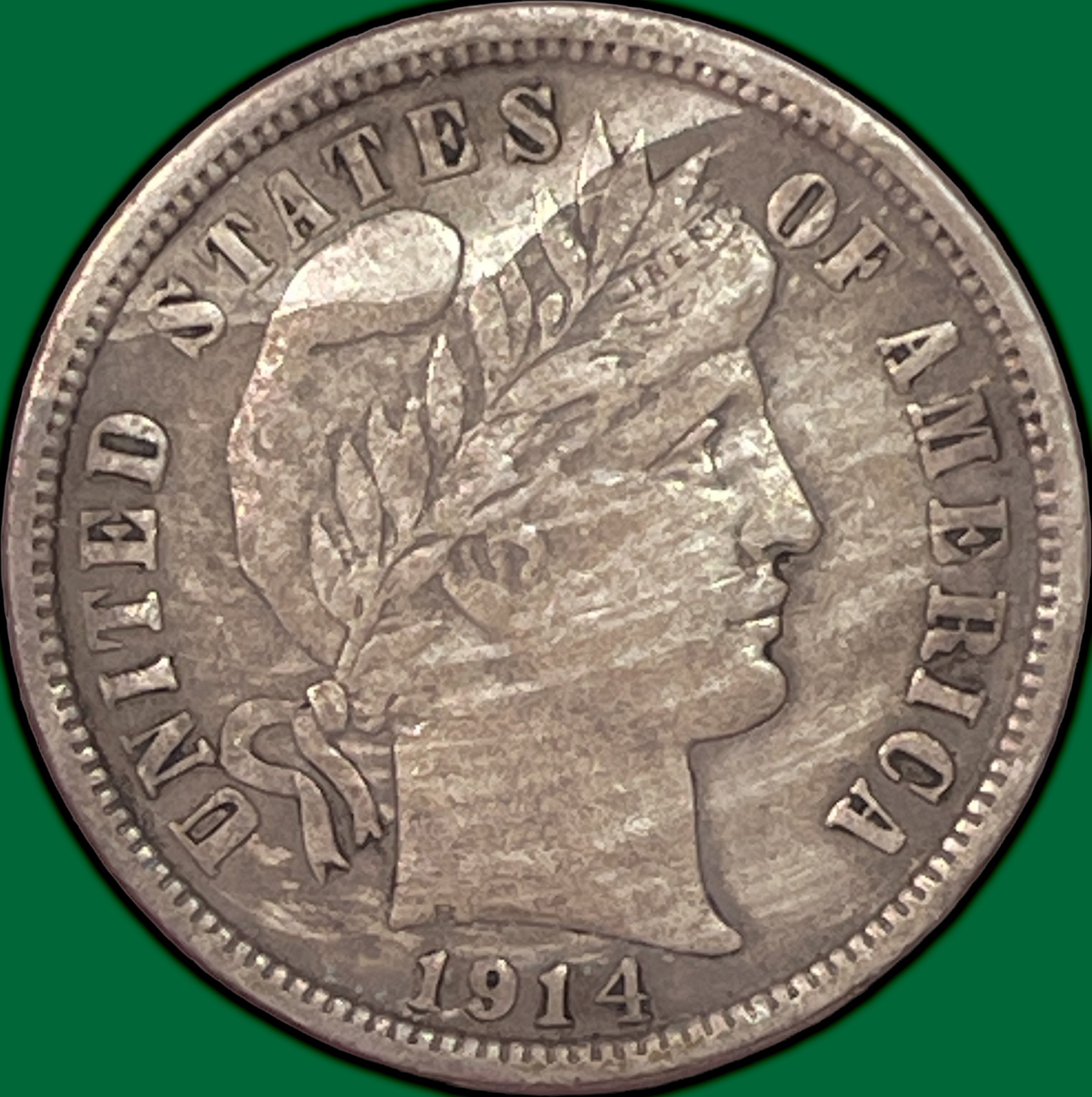1914 Barber Dime Silver Extremely Fine XF Coin, Cleaning #32700