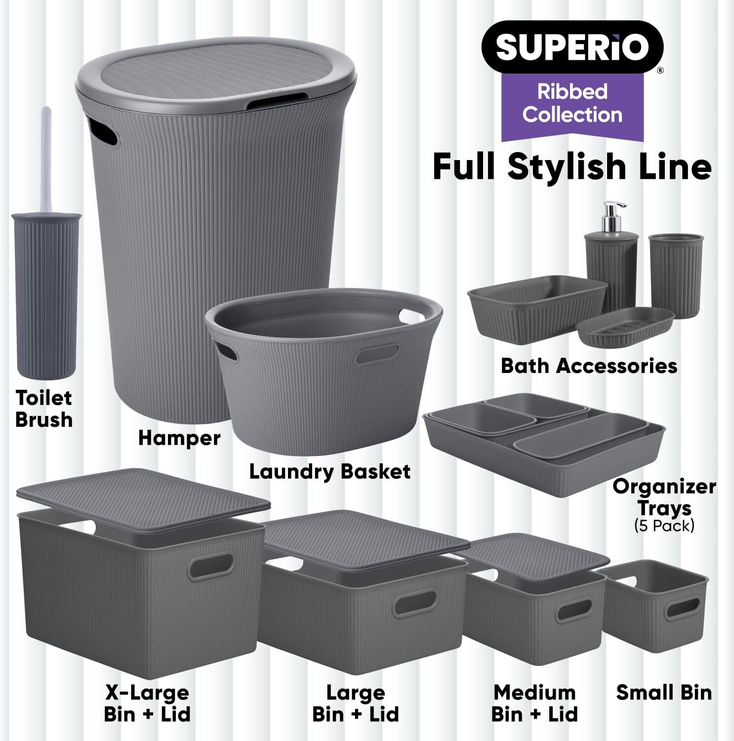 Superio 5L Small Ribbed Storage Bin- Plastic Storage Bin (4 Pack, Grey)