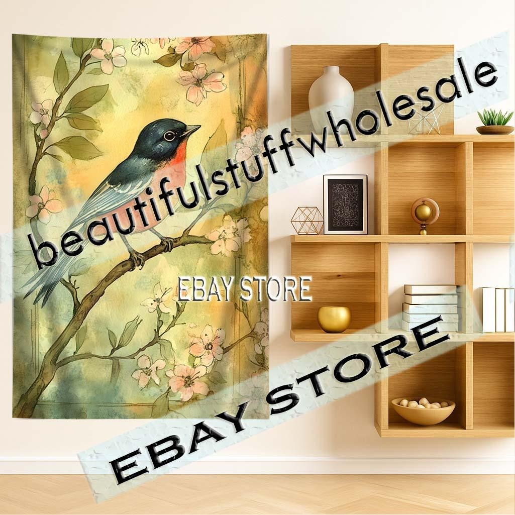 Spring Blossom Tapestry Robin spring light wall fabric poster 39X59 in