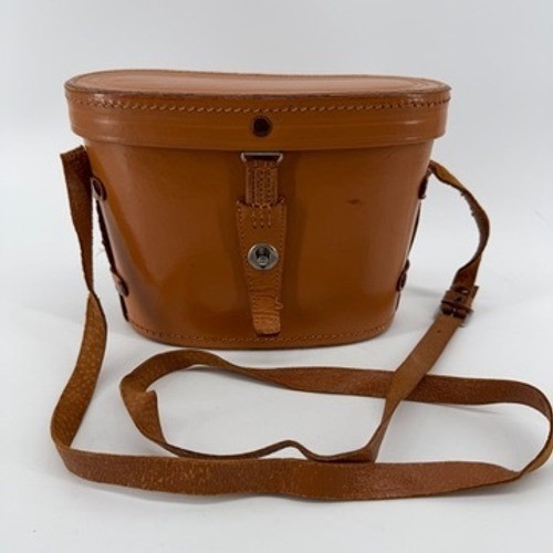 Vintage Tan Leather Hard Shell Binocular Case Purple Velvet Lined Crossbody Bag