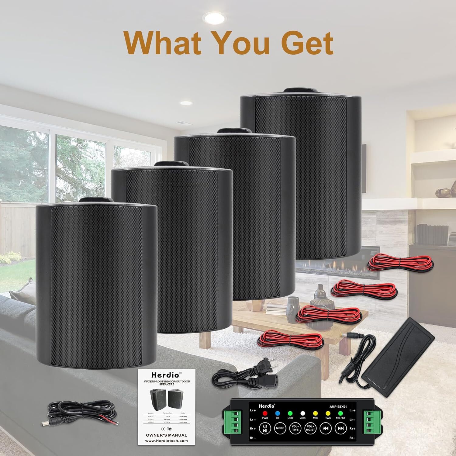 4pcs Herdio 4" Wall Mount Bluetooth Speakers 400W Indoor Outdoor with Amplifier
