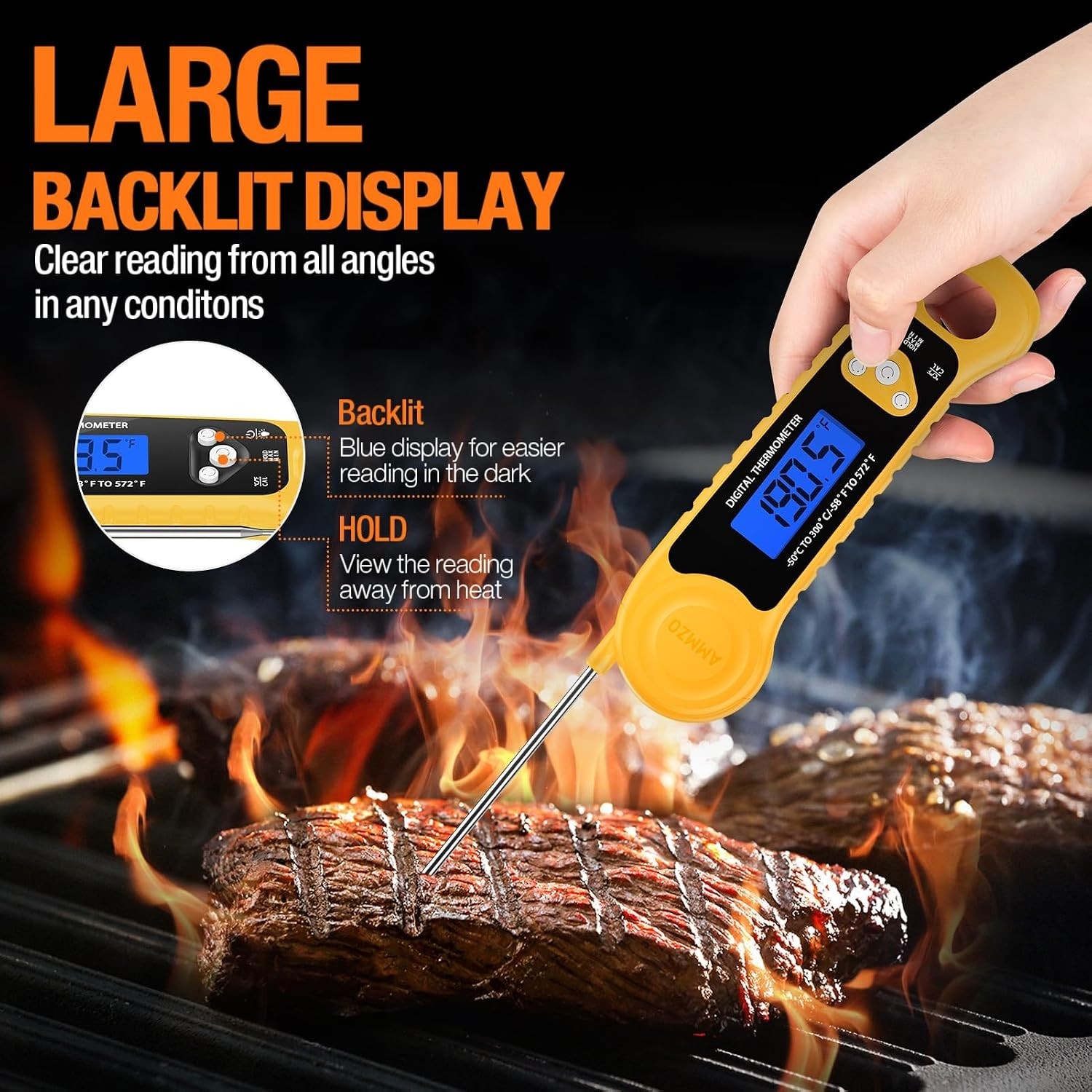Instant Read Digital Meat Thermometer - Waterproof with Backlight for Precise...