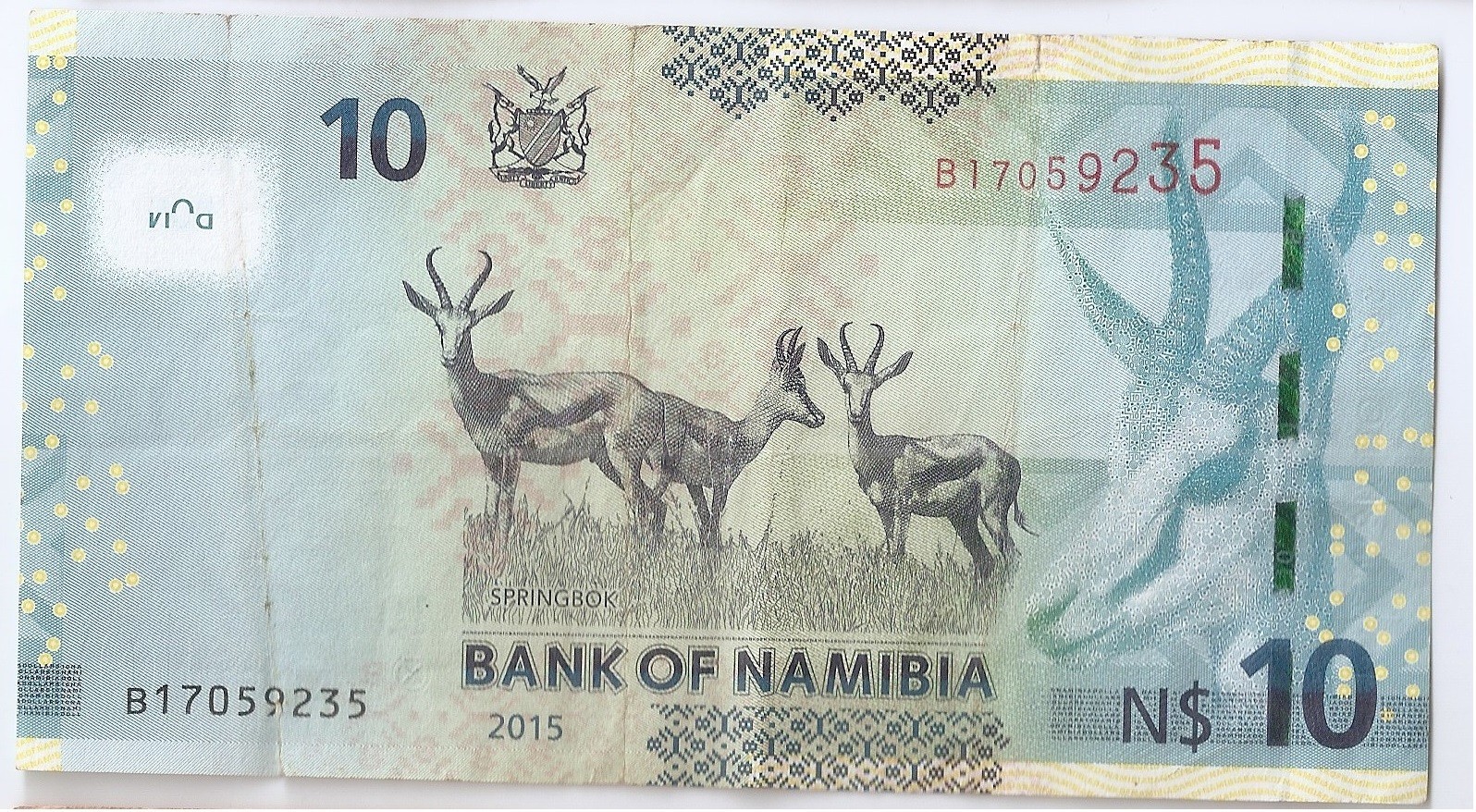 Namibia, 10 Namibian dollars 2015 Dr Sam Nujoma, springbok