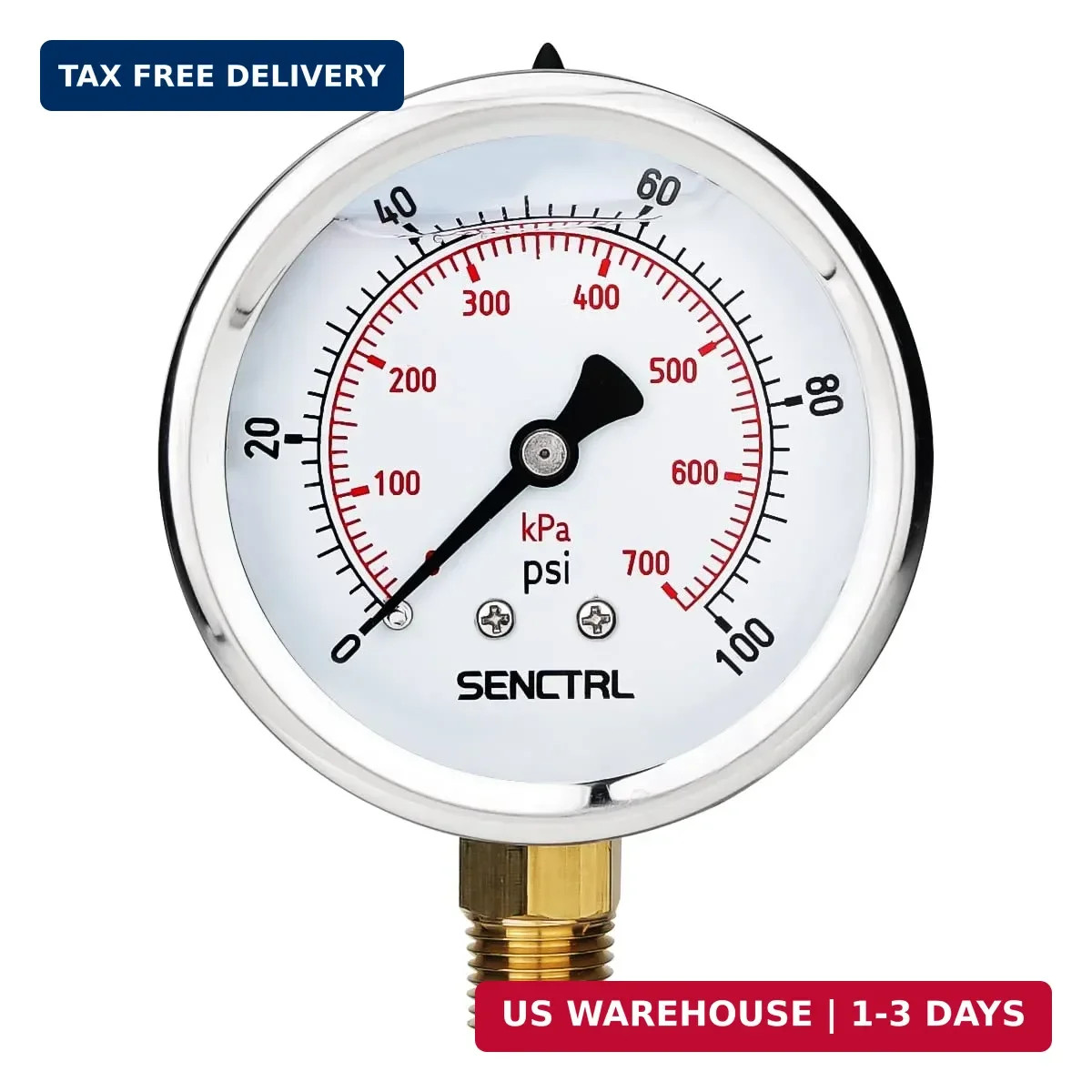 SENCTRL 0-100 Psi Glycerin Liquid Filled Low Pressure Gauge, 2.5" Dial Size, 1/4