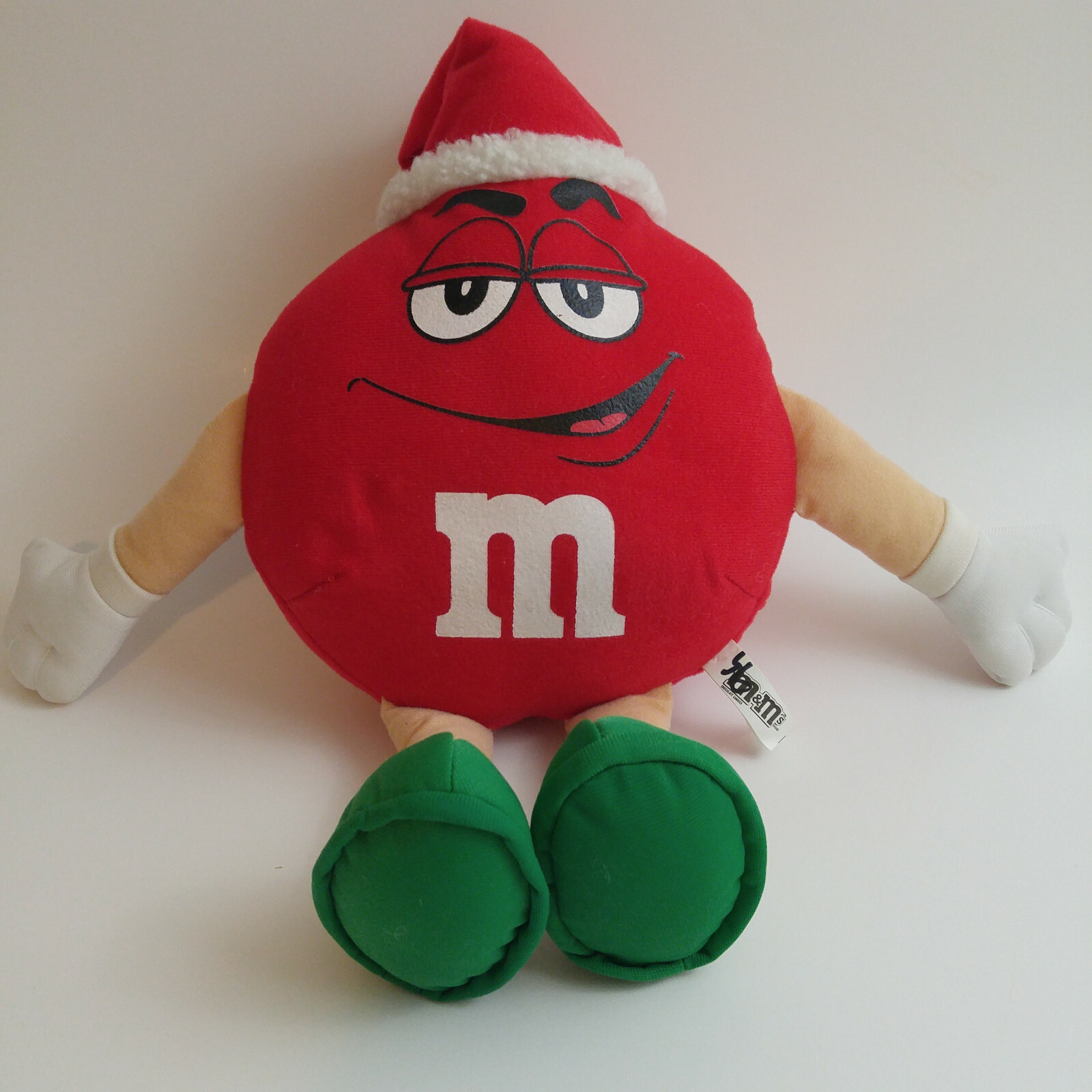 Red M&M Plush Christmas Holiday Toy Green Shoes Santa Hat Smiling 13 Inches
