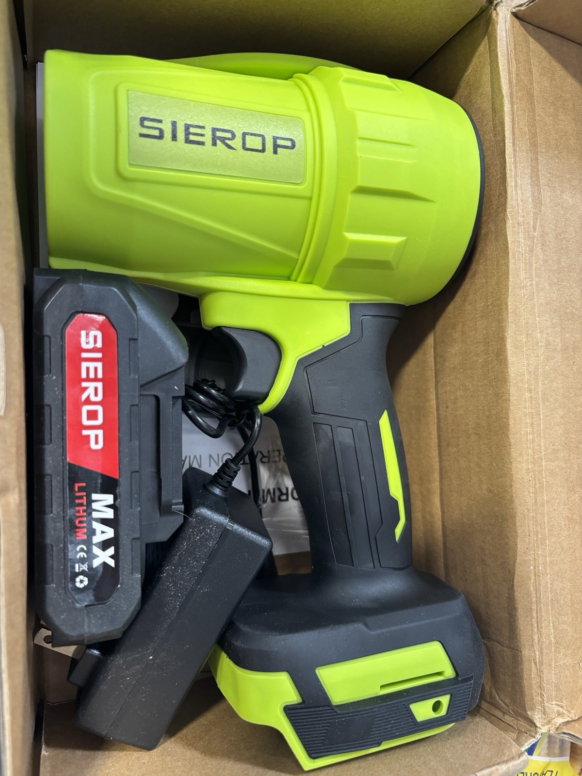 SIEROP Handheld blower Lithium Battery Powered Green Black Spotlight Cordless