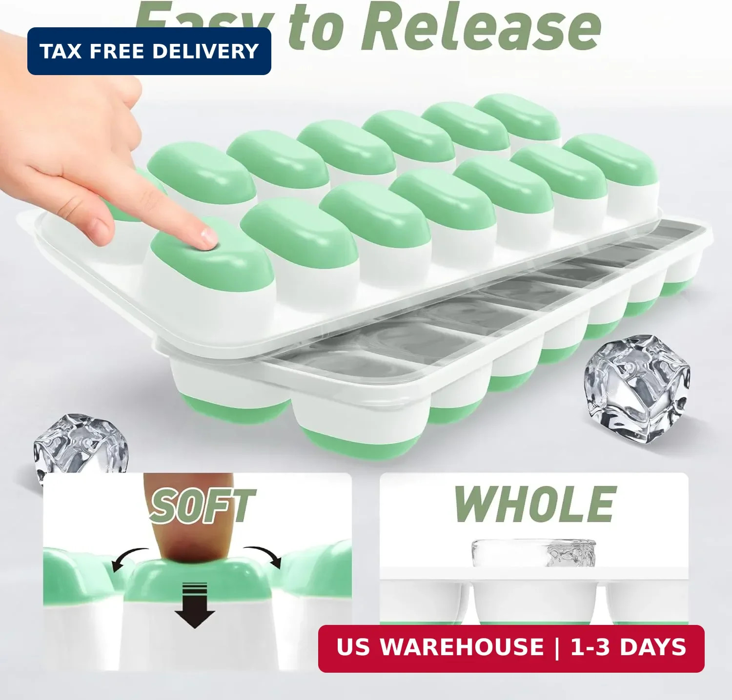 ChefAide Ice Cube Tray with Lid, 2 Packs 28 Cubes Durable Stackable Ice Cube Tra