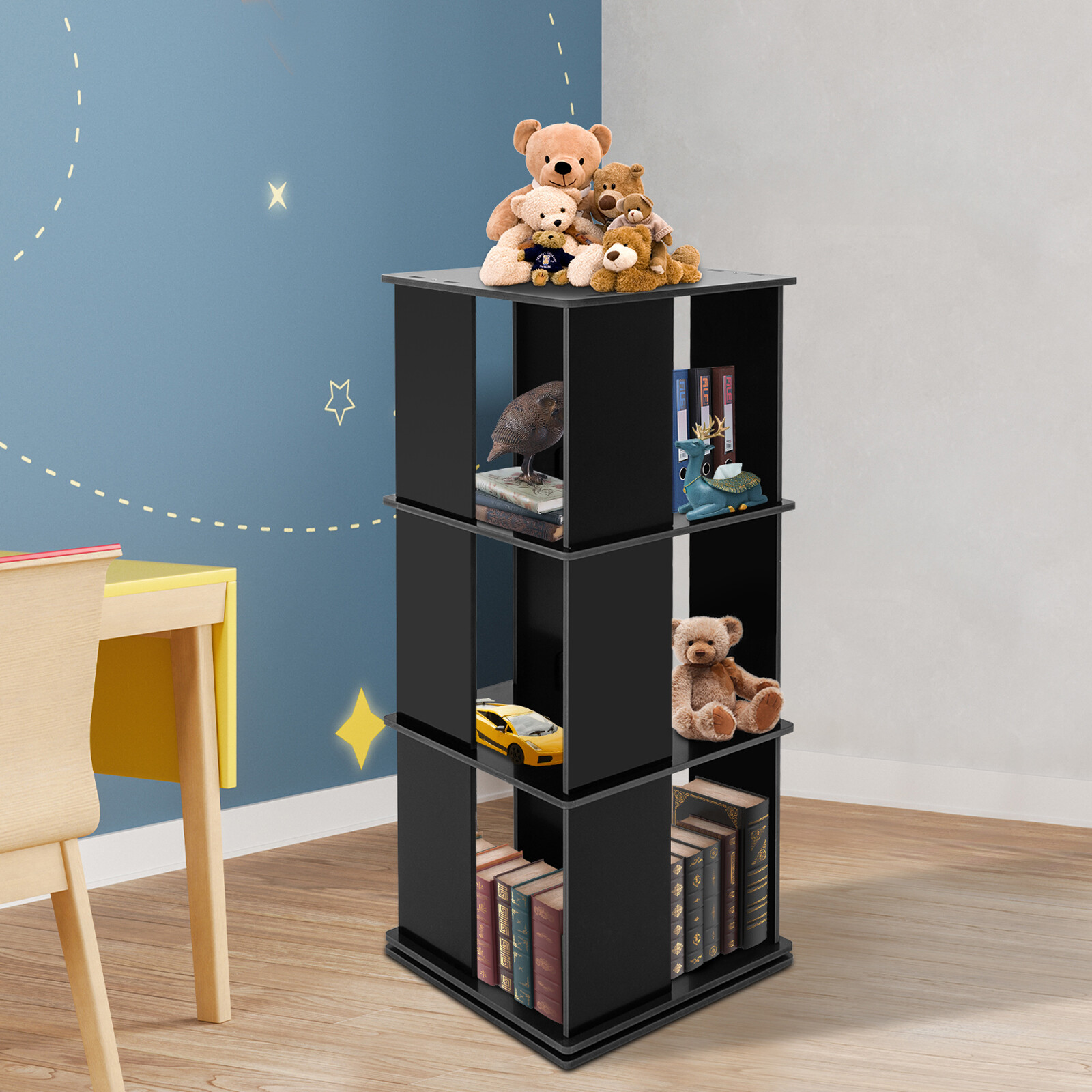 3 layers 360° Rotating Bookshelf Display FreeStanding Wood Bookcase Storage Rack