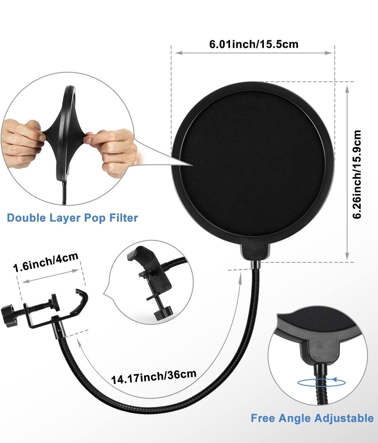 Multifunctional Desktop Microphone Stand, Adjustable Mic Stand Desk with Pop Fil
