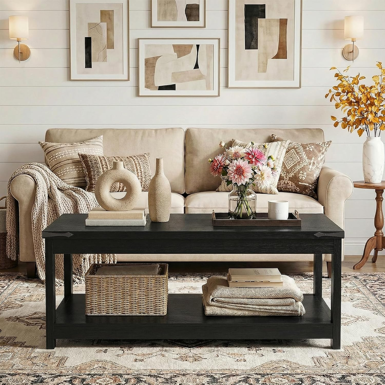 43.3” Farmhouse Coffee Table with Storage Shelf, Black | Rectangular Wood Center