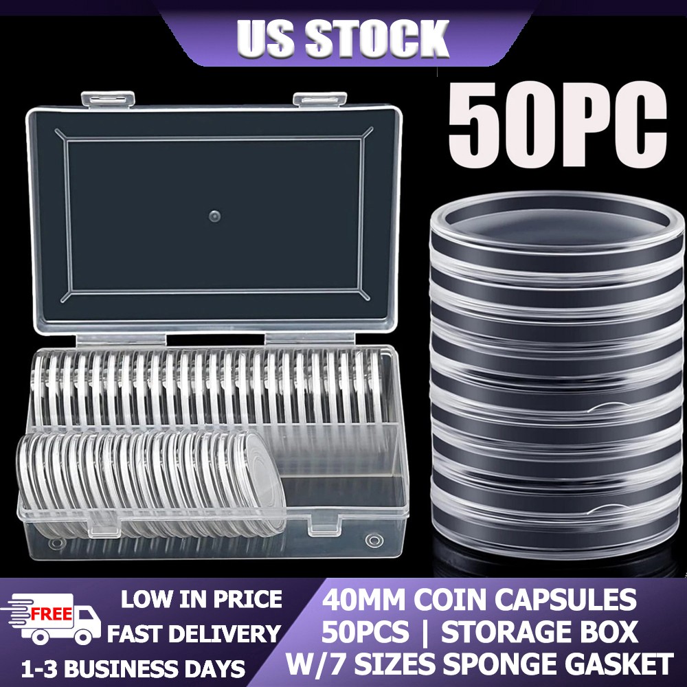 50 Pack 40mm Clear Coin Capsules For Morgan Silver Dollar Half Dollar Coins US