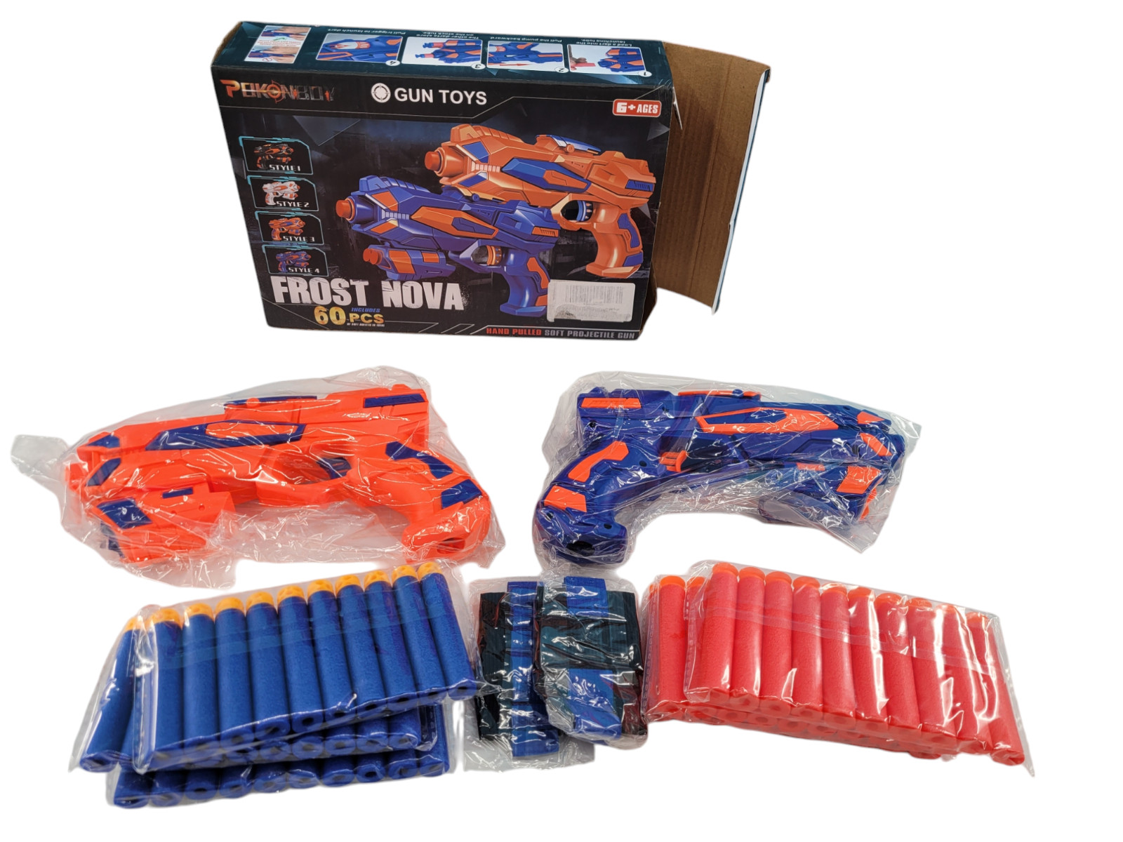 POKONBOY 2pk Frost Nova Hand-pull Blaster Style 3 + Style 4 60pc Soft Darts Toy