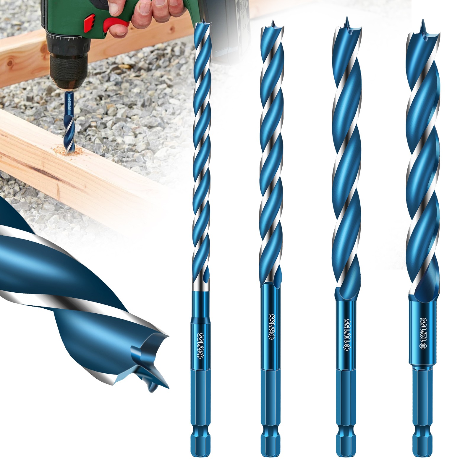 4x 3-flutes Wood Auger Drill Bits 12mm Brad Point 1/4" Hex Shank for Woodworking