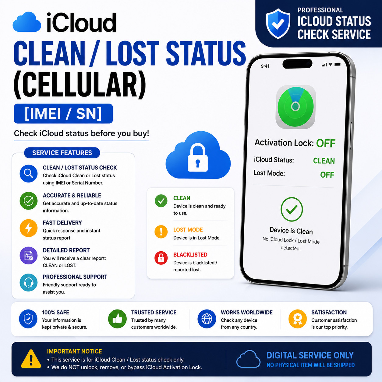 iCloud Clean or Lost Check | IMEI/SN | Instant Status ✅