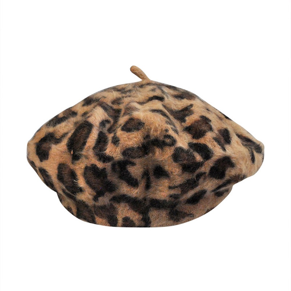 Women Khaki French Style Leopard Print Beret Beanie Hat Wool Winter Warm Cap