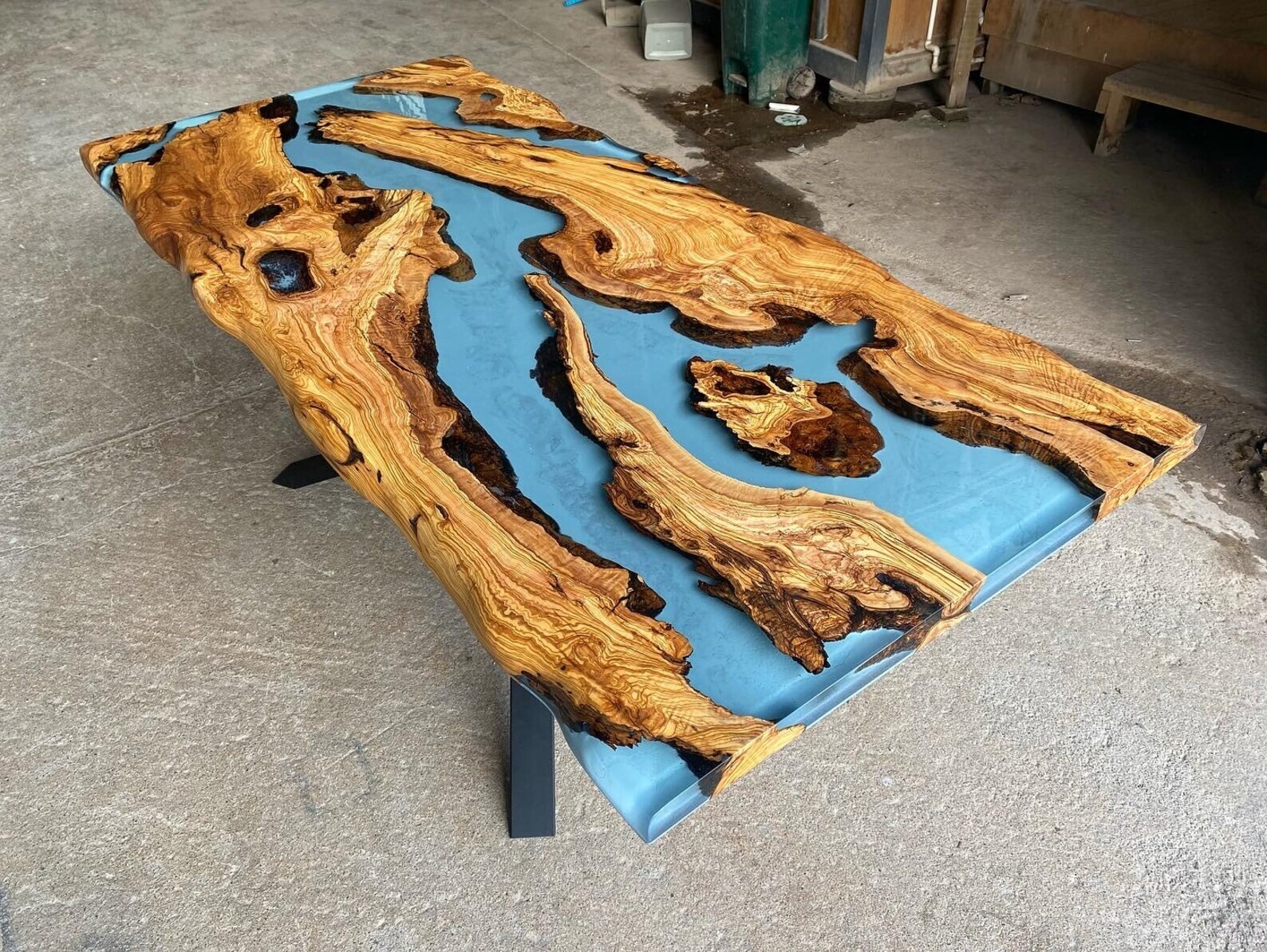 Custom Made Live Edge Olive Wood Light Blue & Gray Epoxy Dining Table