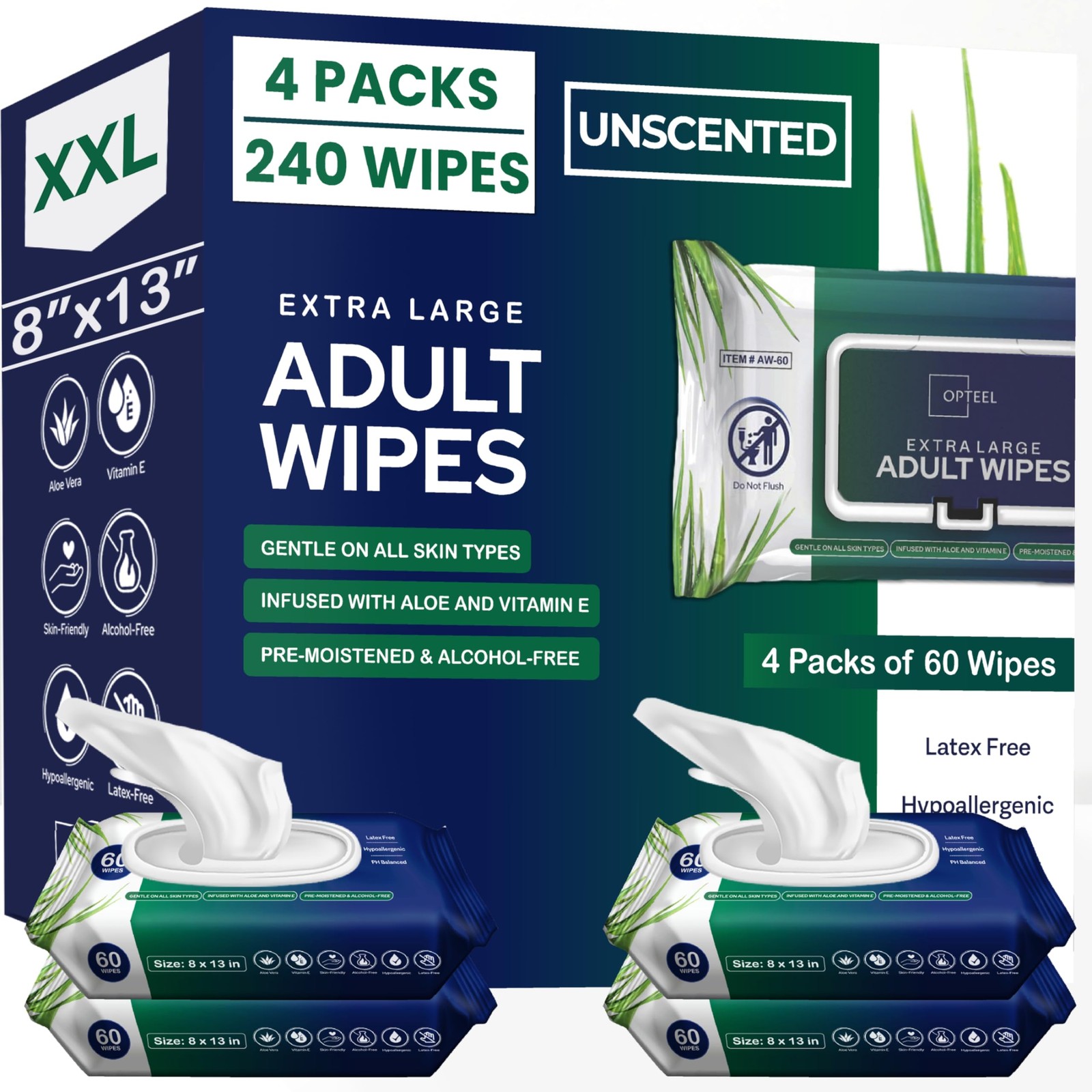 OPTEEL Adult Wipes For Elderly - 8"x13" Extra Large & 1 Count (Pack of 240)