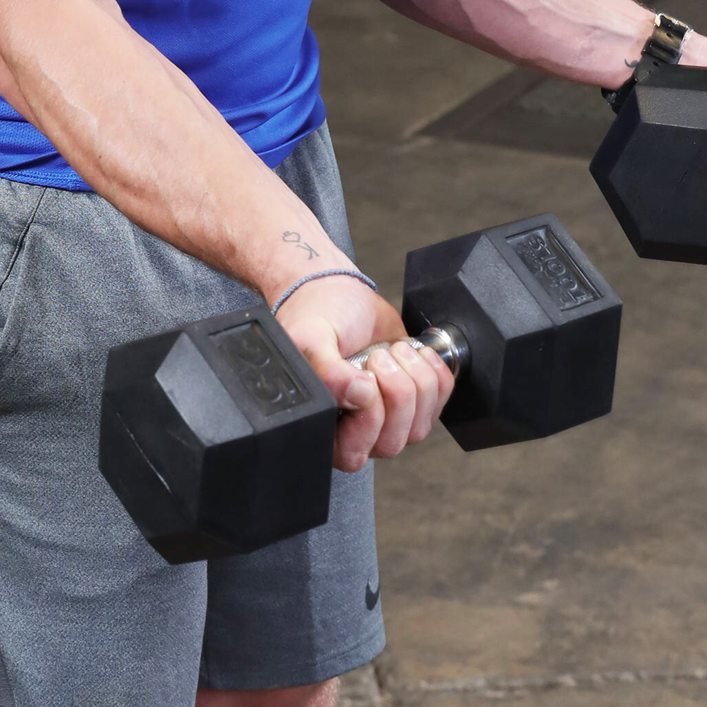 Body-Solid 5-50 lb. Rubber Hex Dumbbell Package with Storage Rack, Floor Mat