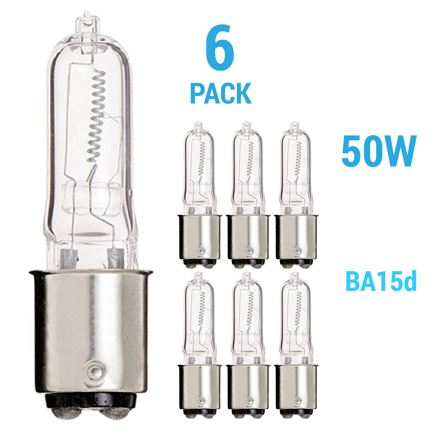 6 Pack JD Type 50Q 50W 120V T4 Double Contact DC Bayonet BA15d Clear Warm White