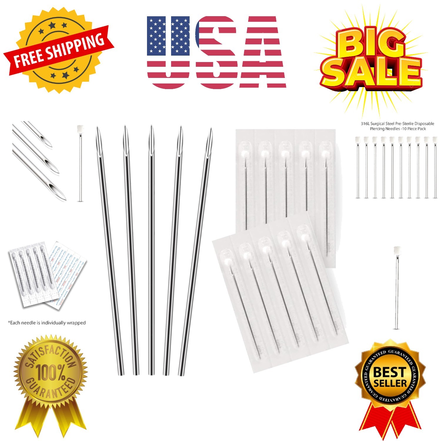 10PC Piercing Needles 16G - Sterile Disposable Sharp Surgical Stainless Steel...