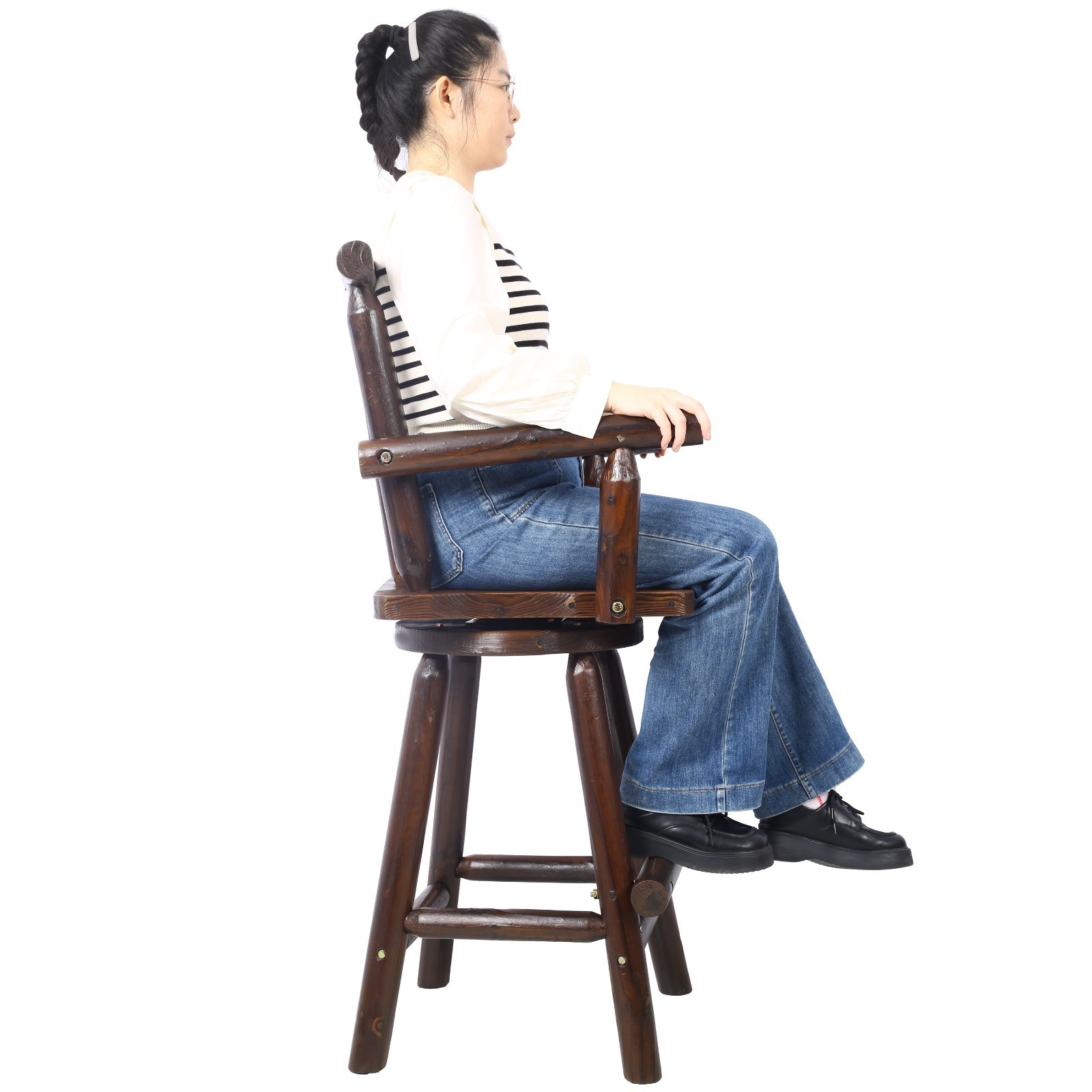 Rustic Fir Wood Bar Stool with Footrest & Wide Armrest, Brown