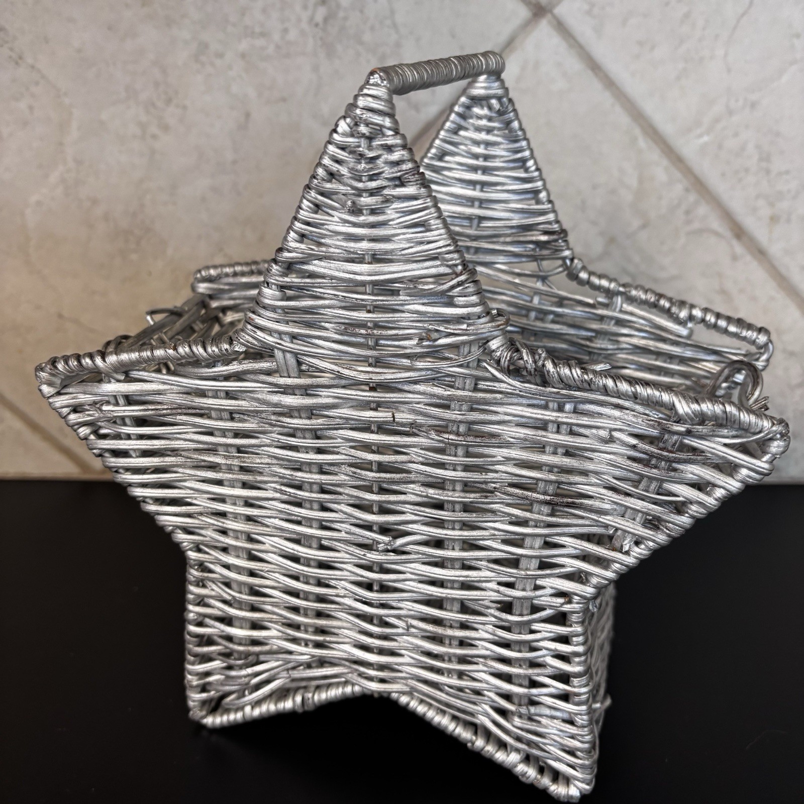 Silver Woven Rattan Star Basket with Handle