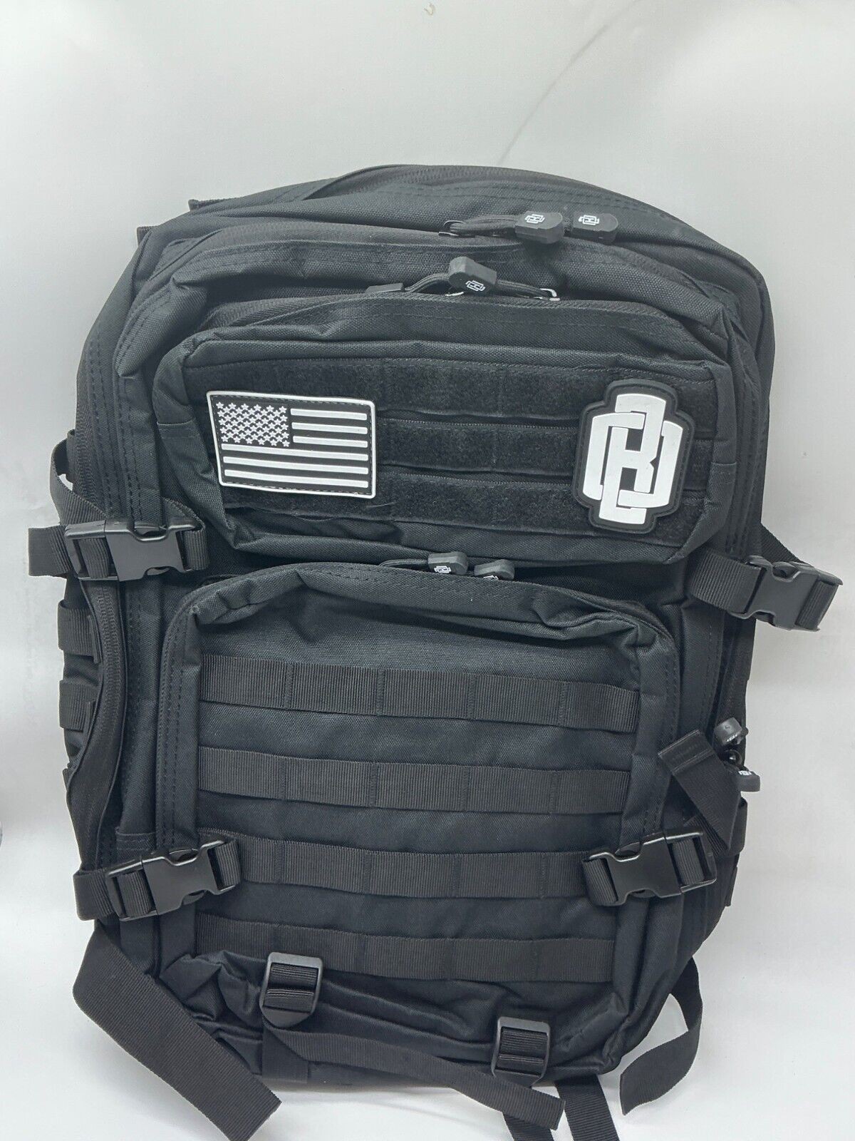 Tactical Black Backpack With Multiple Compartments & American Flag Patch