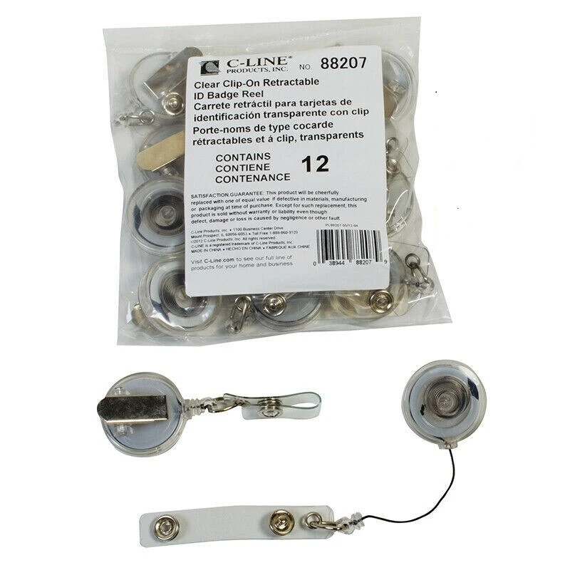 12 PK C-LINE 88207 36" Spring Clip w/ Snap-On ID Strap Retracting ID Card Reels