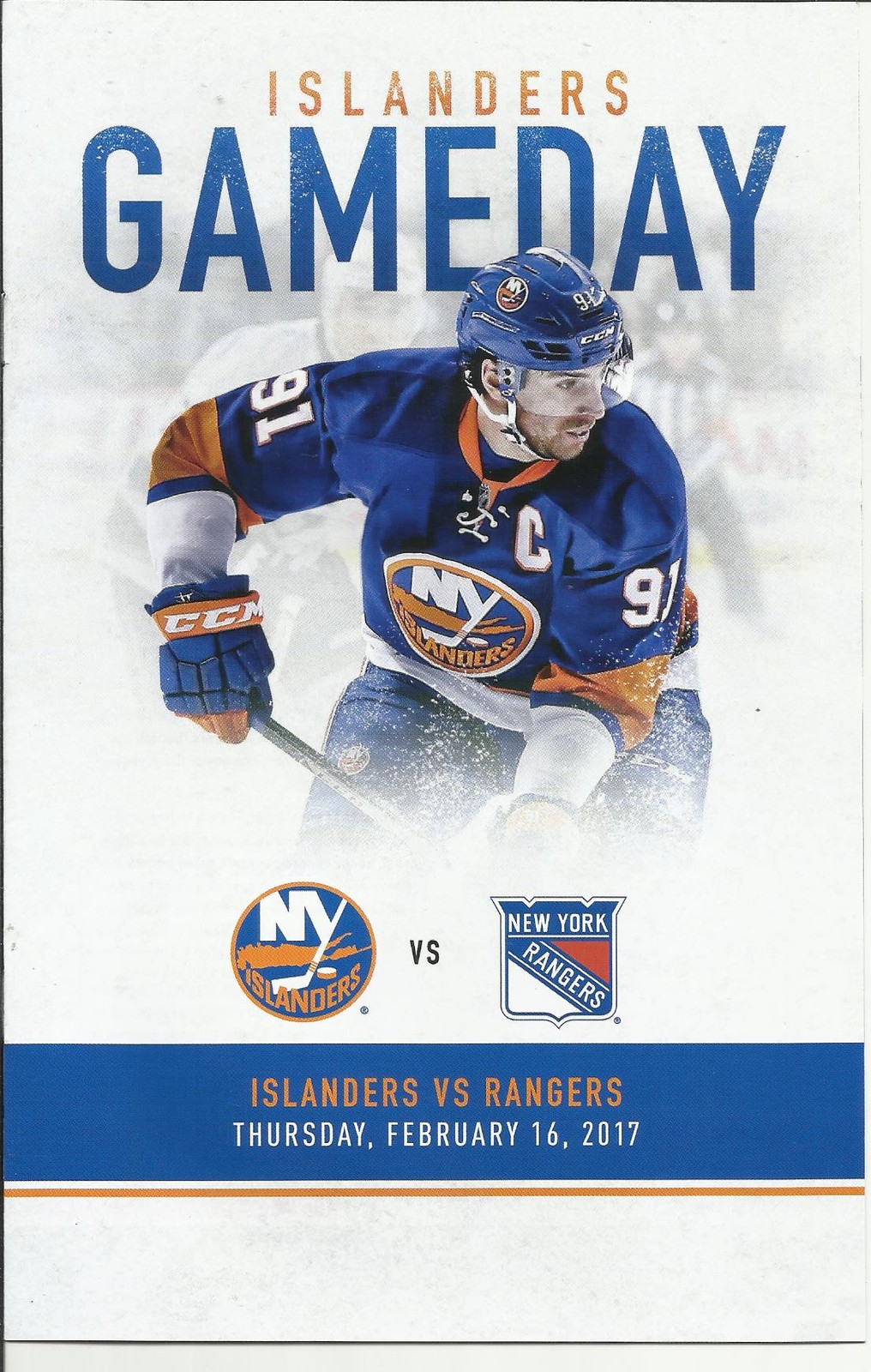 NEW YORK ISLANDERS RANGERS JOHN TAVARES FEBRUARY 16,2017 GAMEDAY PROGRAM