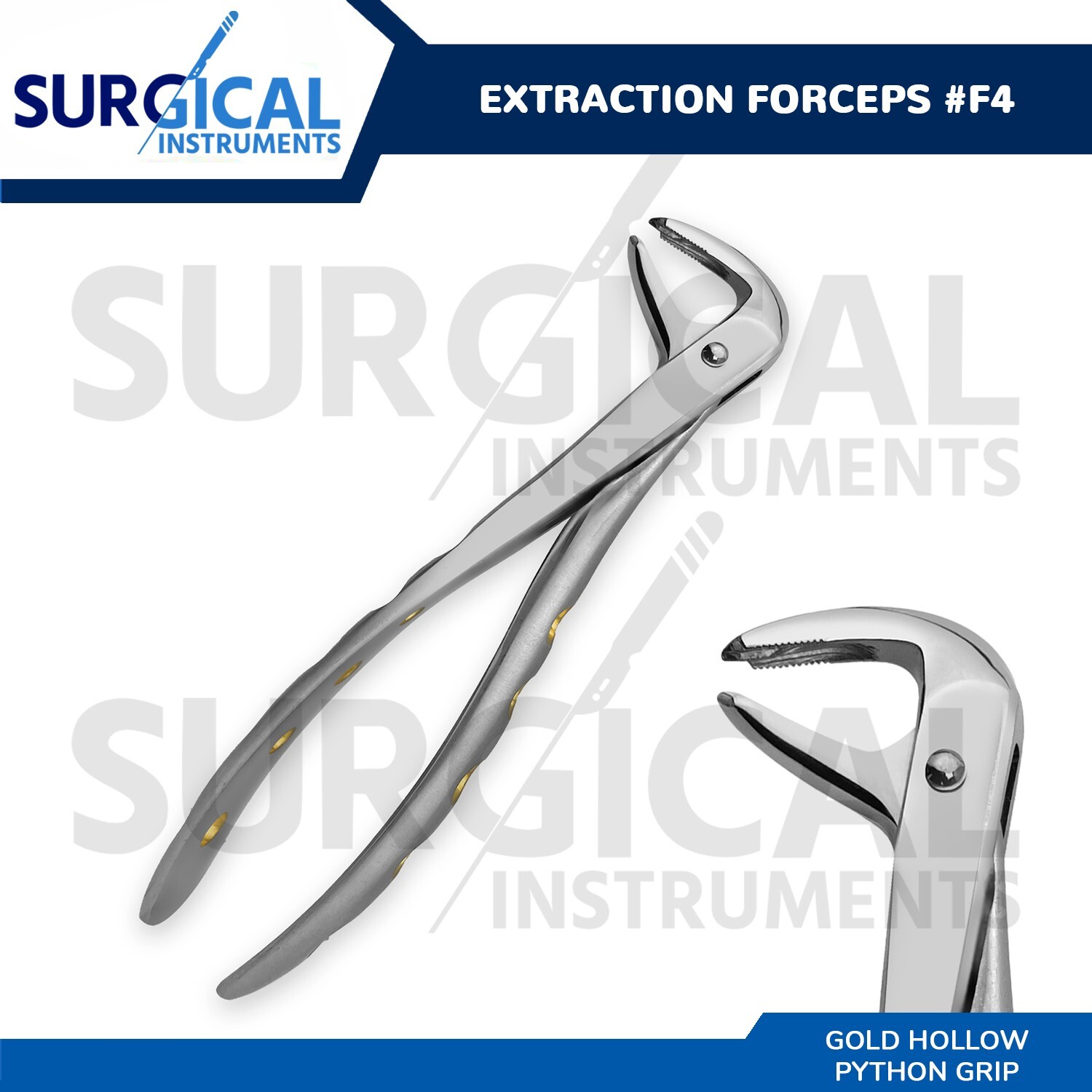 Heavy Duty Extraction Forceps #F4 Gold Hollow Python Grip Handle German Grade