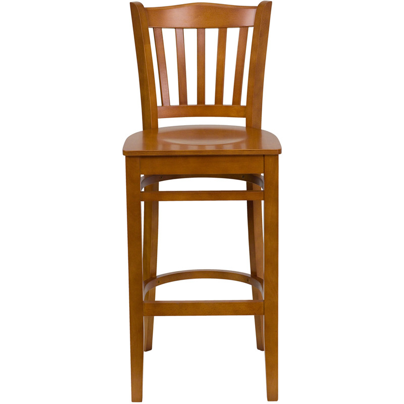 Cherry Wood Finished Vertical Slat Back Restaurant Bar Stool with Wood Seat